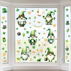 St. Patrick's Day gnome window stickers with clovers and gold pots on glass panes