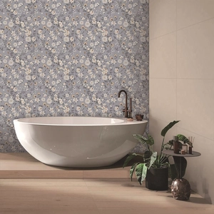 Modern Nordic floral wallpaper in living room setting with elegant white freestanding bathtub