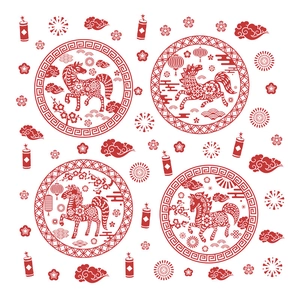 Stickers de fenêtre Nouvel An chinois Année du Cheval avec lanternes et feux d'artifice