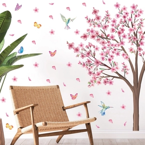 Stickers muraux cerisier rose avec papillons colorés et oiseaux pour le salon