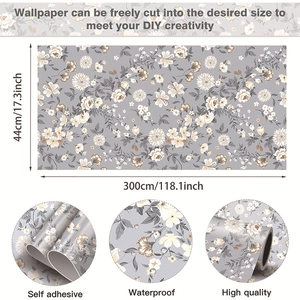 Detail of grey floral self-adhesive wallpaper showing 44x300cm dimensions and waterproof texture