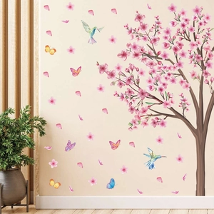 Grand Sticker Mural Cerisier en Fleurs Rose Avec Papillons et Colibris PVC Floral Décalcomanies Murales pour Salon Chambre à Coucher Décoration