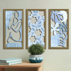 Modern Nordic 3-piece wooden wall art set with abstract geometric and botanical leaf designs
