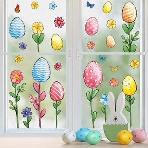 Easter egg glass window stickers with colorful flowers and butterflies for spring decor