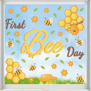 Stickers Muraux Abeille Dessin Animé First Bee Day PVC Tournesol Nid d'Abeille Pour Chambre d'Enfant Fête Anniversaire Déco