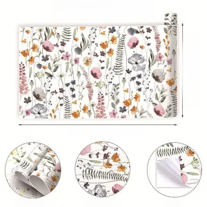 Detail of waterproof self-adhesive wallpaper showing watercolor floral pattern and size info