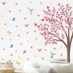 Sticker mural fleurs de cerisier roses avec colibris et papillons pour chambre à coucher