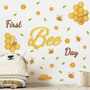 Stickers muraux PVC First Bee Day avec abeilles et tournesols pour chambre d'enfant