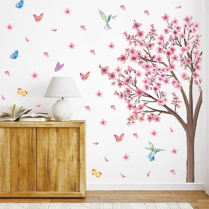 Sticker mural fleurs de cerisier rose avec oiseaux et papillons pour le salon