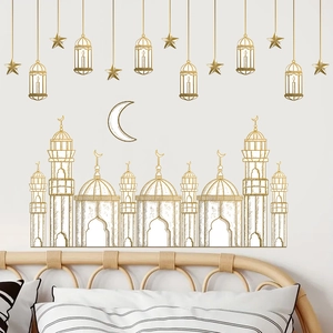 Golden Eid Mubarak wall stickers with mosque and moon motifs for home decoration