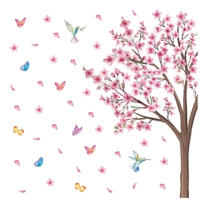 Sticker mural arbre de cerisier rose avec papillons et colibris pour déco de salon moderne