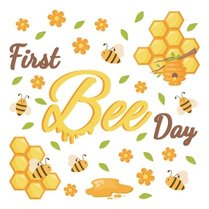 Stickers muraux abeilles et fleurs avec texte First Bee Day pour décoration de chambre
