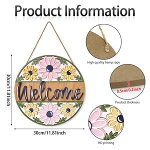 Detail of 30cm wooden Welcome sign showing printing quality, rope, and 0.5cm thickness
