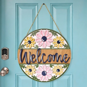 Pastel wooden Welcome door sign with 3D floral daisy decorations for home wall decor