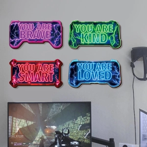 Neon game controller wall art set of 4 with motivational phrases for gaming room decor