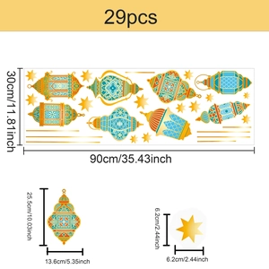 Detailed dimension layout of 29pcs gold and blue Arabic lantern star wall stickers