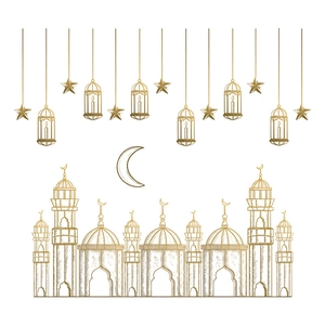 Golden Islamic wall sticker with mosque crescent and hanging lanterns on white background