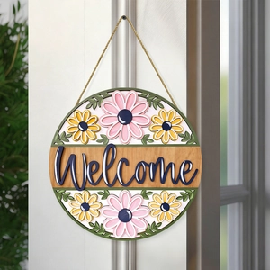 Floral circular wooden welcome sign with 3D daisies and hanging rope for wall decor