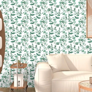 Self-adhesive PVC wallpaper with green eucalyptus leaf patterns for living room decor