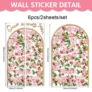 Detail of pink peony arch wall decals with sizing dimensions and layout components