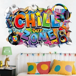 3D gamer wall decal with Chill Out Zone graffiti and music elements for bedroom decor