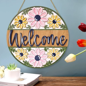 Rustic Wooden Round Welcome Door Sign Hanging Plaque Pink Yellow Daisy Floral Wall Decor Jute Rope For Porch Home Decor