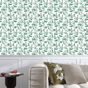 Self-adhesive wallpaper with green eucalyptus leaf patterns for a Nordic living room style