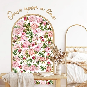 Bohemian floral arch wall sticker with pink peonies and Once Upon A Time wood script