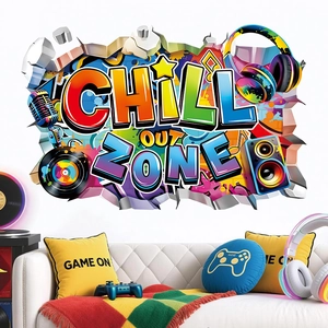 3D broken wall game wall sticker with Chill Out Zone graffiti and music instruments decor