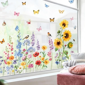 Spring Flower Butterfly Window Stickers PVC Self Adhesive Sunflower Bird Wall Decals For Kitchen Cabinet Home Window Decor