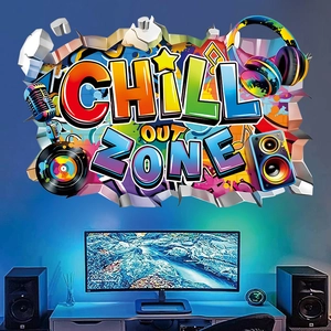 3D Chill Out Zone wall sticker with gaming and music graffiti art for game room decor