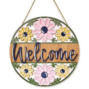 Round wooden Welcome door sign with 3D floral daisy decorations and hemp rope hanger