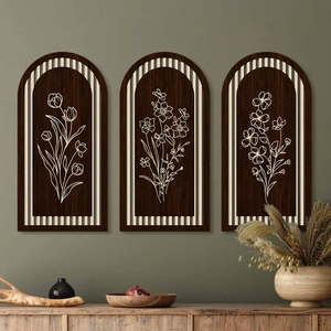 Three-piece arched wooden floral wall art set in dark wood grain for rustic home decor