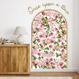 Bohemian floral arch wall sticker with pink peonies and green leaves for living room decor