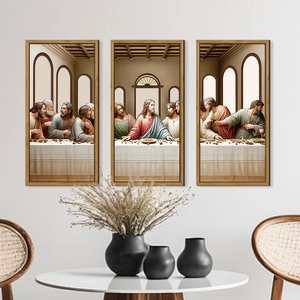Three-piece wooden Easter wall art featuring The Last Supper set on a minimalist white wall