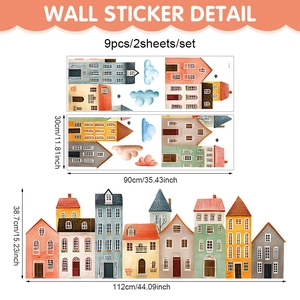 Detail of bohemian cartoon house wall decals with dimensions and placement guide