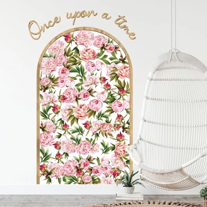 Bohemian floral arch wall decal with pink peonies and Once upon a time text for living room