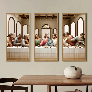 Three-piece wooden framed wall art depicting The Last Supper for modern home decor