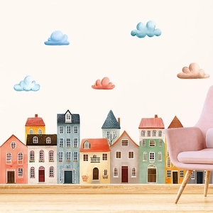 Bohemian Cartoon House City Wall Stickers For Kids Room Decor PVC Self-Adhesive Cloud Decals For Nursery Bedroom Home Decor