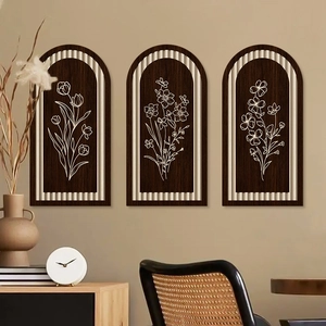 Set of 3 rustic farmhouse arch wall art with white floral sketches on dark wood panels