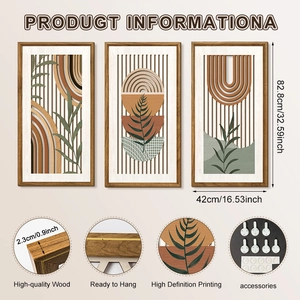 Detail view of abstract wooden wall art set with frames and mounting accessories