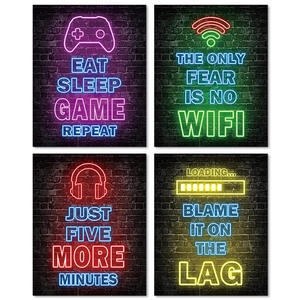 Set of four neon gaming canvas posters with gamer icons on black brick wall backgrounds