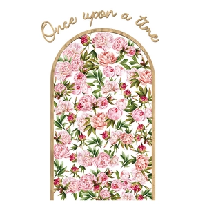 Bohemian floral arch wall sticker with pink peonies and Once upon a time wood text
