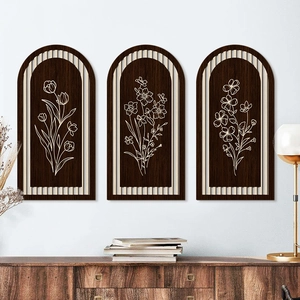 Triple Arched Wooden Wall Art Decor Minimalist Floral Botanical Boho Wood Wall Plaques For Living Room Farmhouse Home Decoration