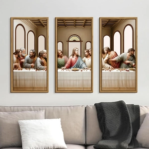 Three-piece wooden framed Easter wall art featuring The Last Supper over a gray sofa