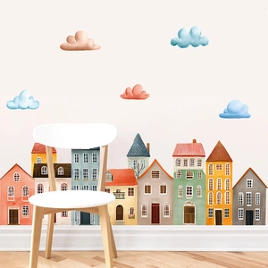 Bohemian style wall stickers featuring colorful cartoon houses and clouds for kids rooms