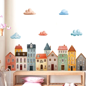 Bohemian cartoon house wall stickers with colorful buildings and clouds for kids rooms