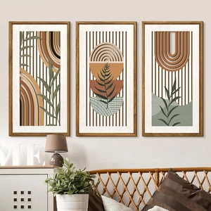 Three-piece bohemian 3D hollow wood wall art set featuring geometric sun and leaf designs