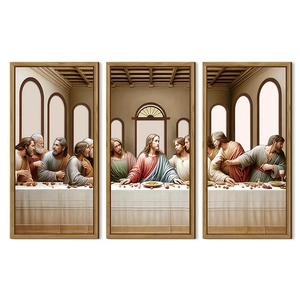 Three-piece Last Supper religious wall art with light wood frames for Easter home decor