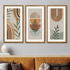 Detail of three boho abstract geometric wall art panels with natural wood frames